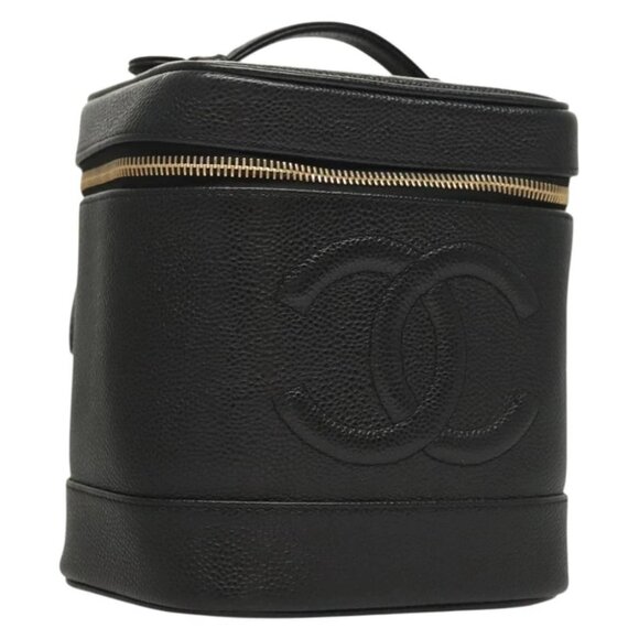 CHANEL COCO Mark Vanity Pouch Grained Calf Skin Black Gold CC - Picture 1 of 16